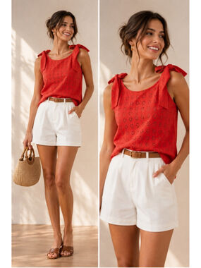 Sezane Red Eyelet Tie-Shoulder Tank Top